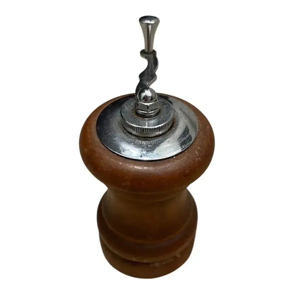 Vintage Small Wooden Pepper Mill with Silver Accents MCM